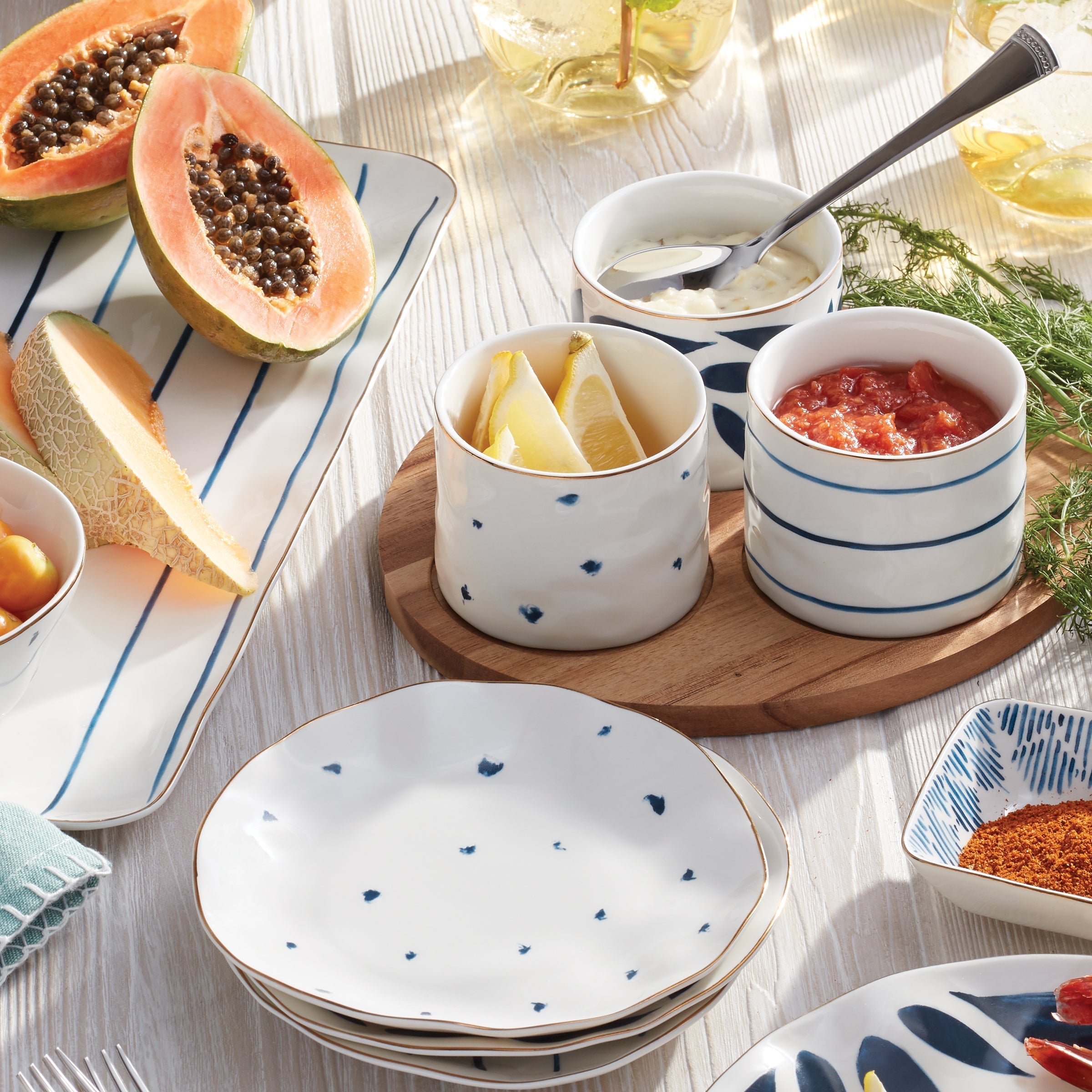 Lenox Westmore Blue Bay Snack Bowls with Wood Tray, Set of 3 - Image 2