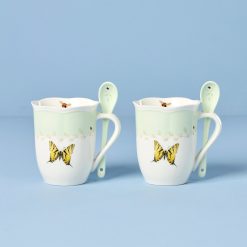 Lenox Westmore Butterfly Meadow Green Mugs with Spoons, Set of 2