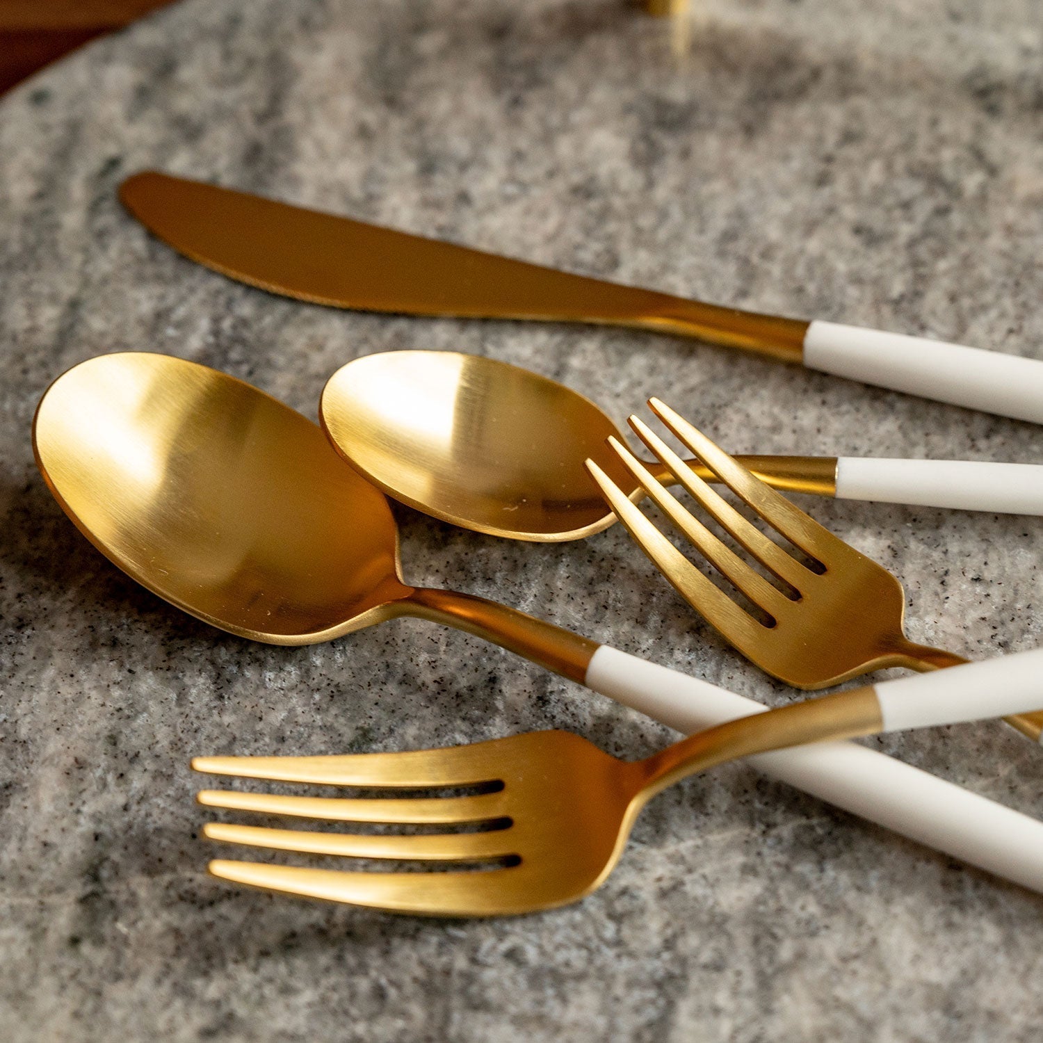 Lenox Westmore Mazzy Gold Satin White Pom Handle 20-Piece Flatware Set - Image 4