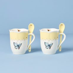 Lenox Westmore Butterfly Meadow Yellow Mugs with Spoons, Set of 2