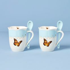 Lenox Westmore Butterfly Meadow Blue Mugs with Spoons, Set of 2