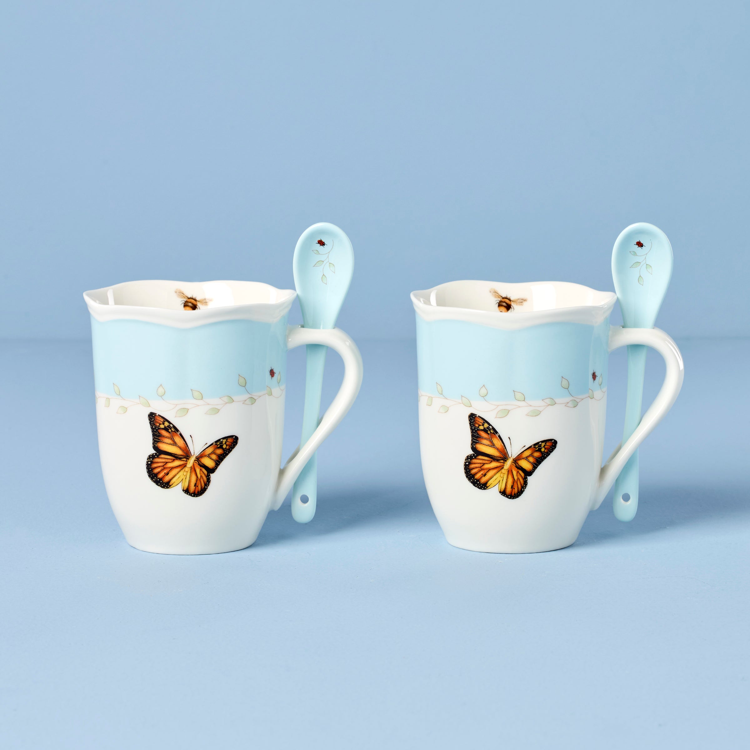 Lenox Westmore Butterfly Meadow Blue Mugs with Spoons, Set of 2